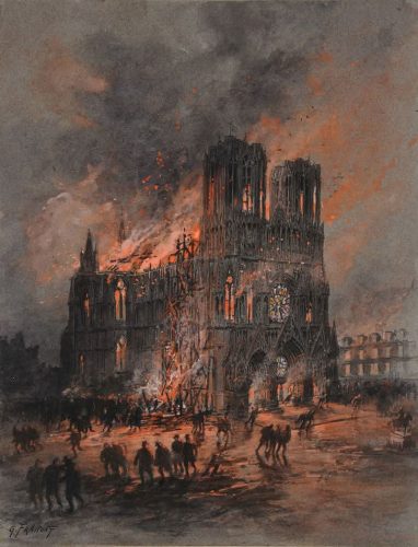 Incendie de la Cathédrale de Reims), 1914-1915 - Pastel sur toile. Gustave Fraipont (belgo-français, 1849-1923).